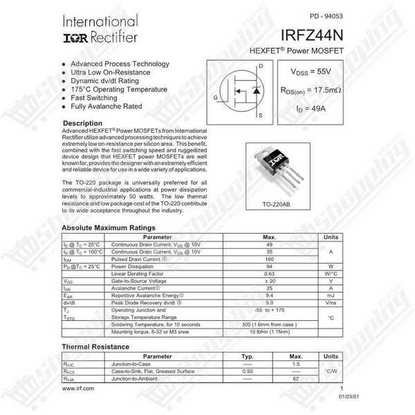 Transistor MOSFET IRFZ44N Canal N 55V 49A TO-220