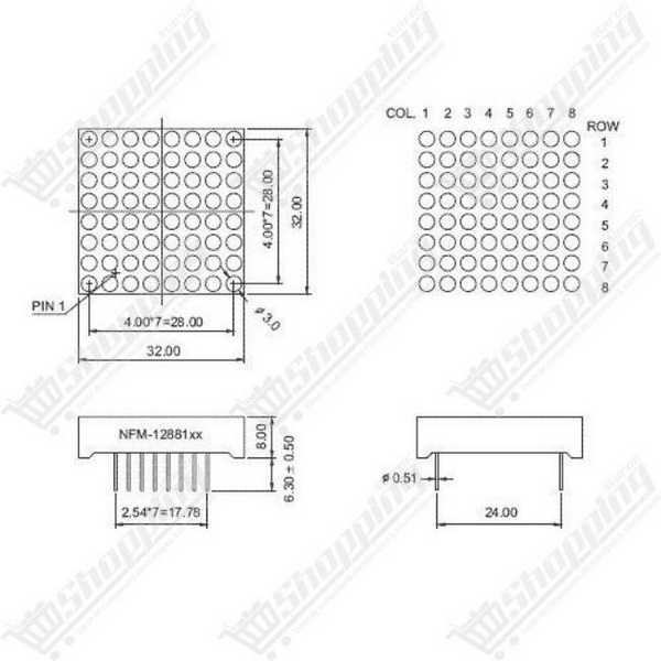 Matrice de LED 8x8 Rouge 32x32mm - Cathode Commune - LED 3mm