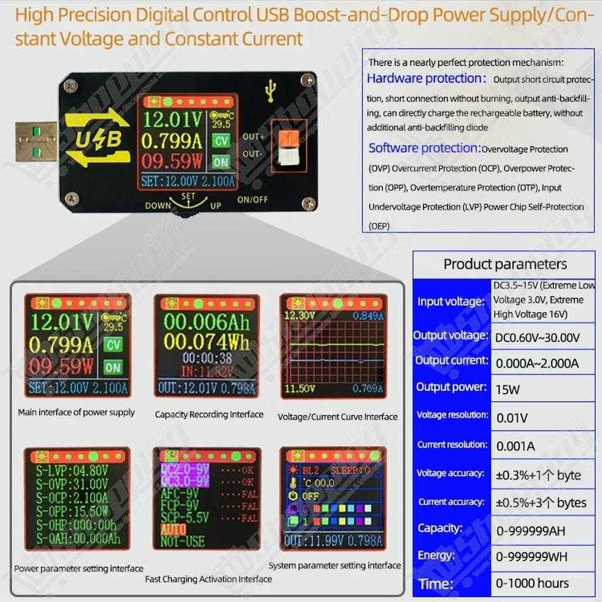 Convertisseur DC-DC Buck-Boost USB réglable 0.6-30V 15W avec afficheur LCD