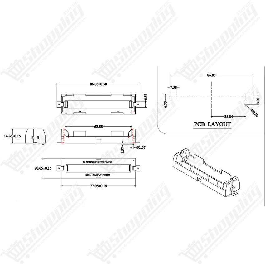 Support de batterie 18650 SMD pour montage sur PCB